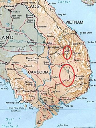 Tri-Border area and Central Cambodian border with Vietnam shown in red circles