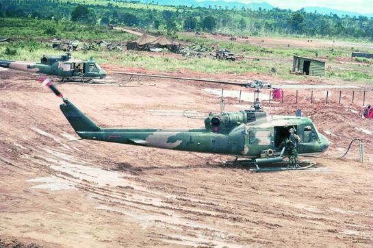 A team of USAF UH-1Es from the 20th SOS refuel at Dak To prior to a SOG mission (Don Joyce, vhpap.org)
