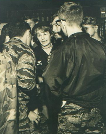 Maggie talks to the troops. Cletis Sinyard (Babysan) wearing the boonie hat. Larry Trimble standing next to Maggie with a mustach. Also Randy Givens and SGM Nameth. Closest to the camera is Jim Lamotte. That night after the festivities Maggie took some of the Recon guys up to the officer's club and she drank vodka and talked the rest of the night.